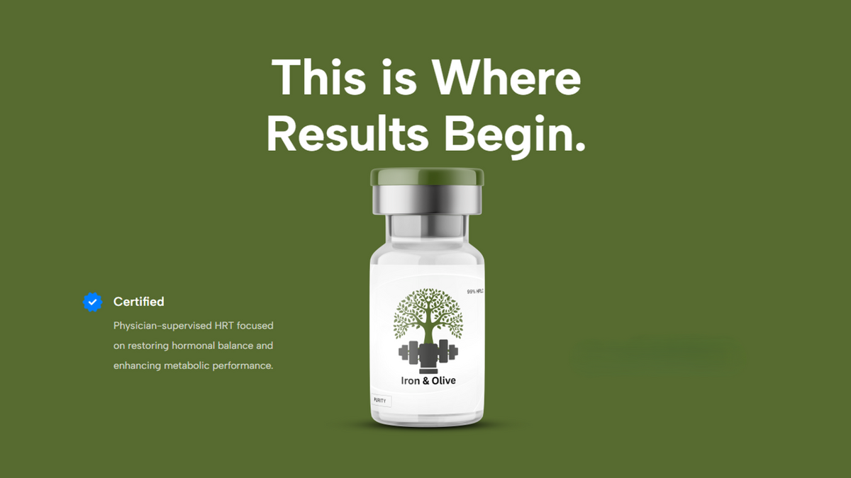 A white supplement vial with a silver cap and a tree logo on the label, centered on an olive green background with the text 'Peptides: Where Real Results Begin.' and a small 'Certified' badge on the left.